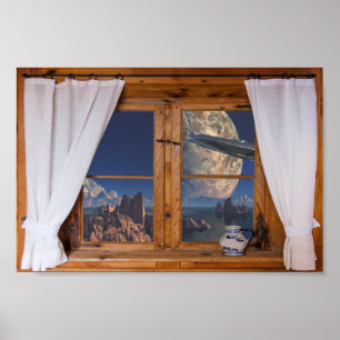 Window Faux View Fantasy World Planet Alien Space Poster