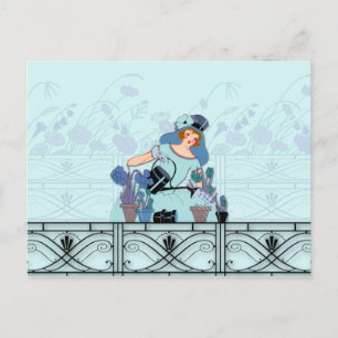 WINDOW GARDEN, ART DECO LADY: FRENCH BLUE POSTCARD