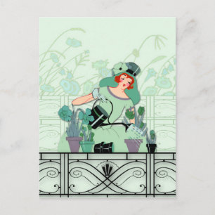 WINDOW GARDEN, ART DECO LADY: SEA GREEN POSTCARD