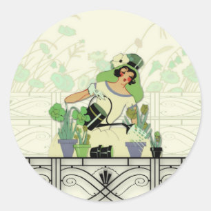 WINDOW GARDEN, ART DECO LADY: SUMMER GREENS CLASSIC ROUND STICKER