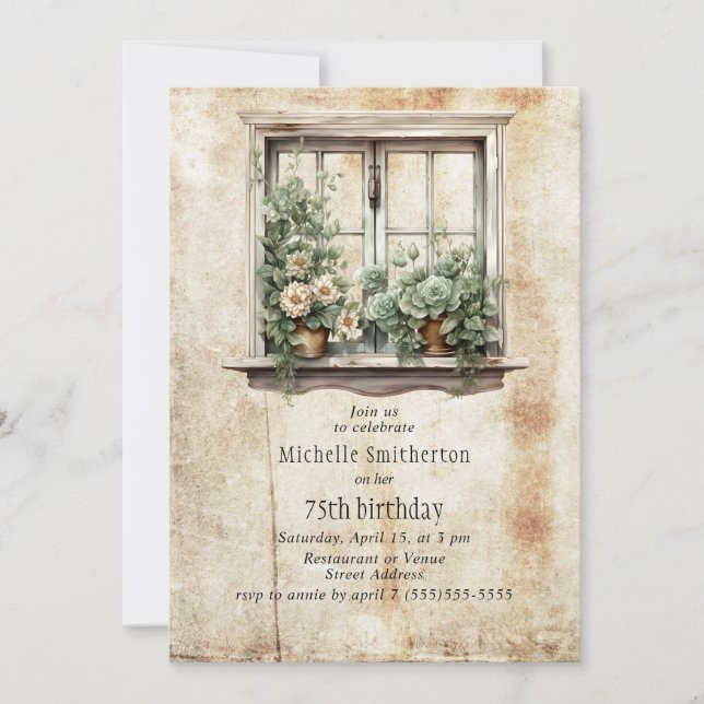 Window Garden Succulents Rustic 75th Birthday Invitation (Front)