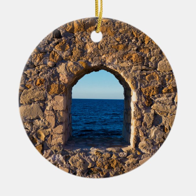 Window on a Stone Wall to the Aegean Sea Ceramic Tree Decoration (Front)