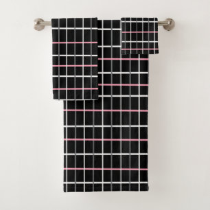 Window Pane Print in Black and White with Pink Bath Towel Set