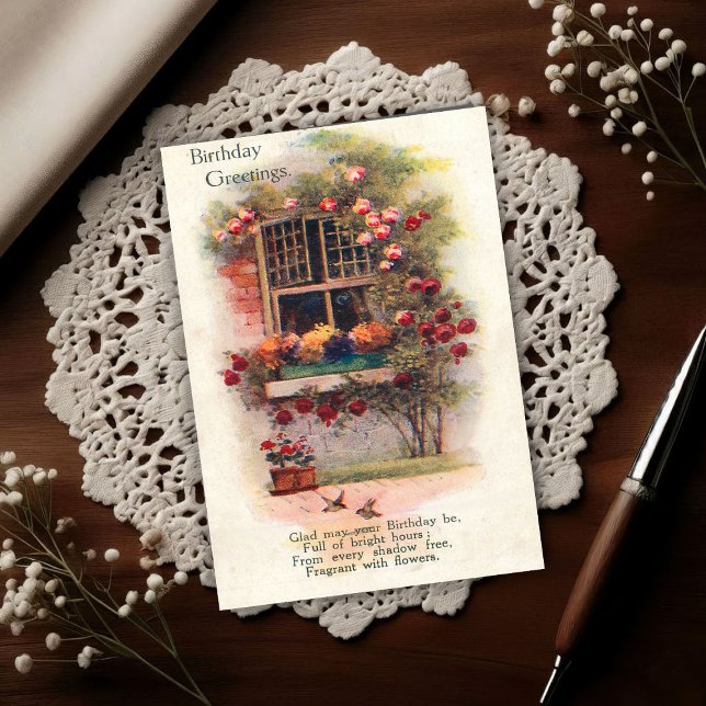 Window Roses Vintage 1920 Birthday Greetings Postcard (Creator Uploaded)