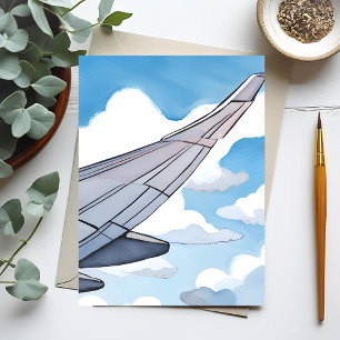 Window Seat   Airplane Wing Sky Watercolor Travel Postcard