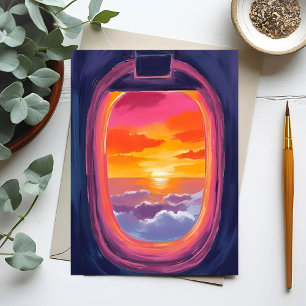 Window Seat Sunset Aeroplane Travel Painting Postcard