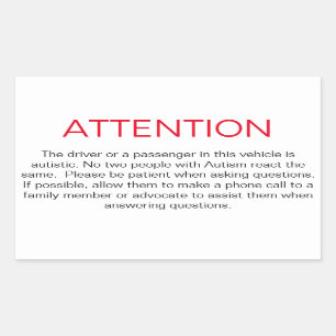 Window sticker to advise police of Autism