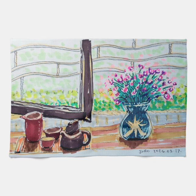 Window Tea and Flowers Towel (Horizontal)