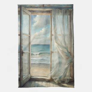 Window to an Ocean Breeze Watercolor Coastal Tea Towel