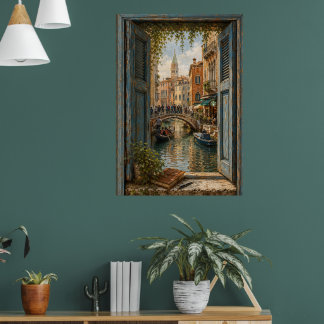 Window to Venice Canal Gondola Oil Painting Poster