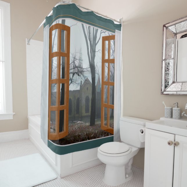 Window View Church Through the Winter Fog Shower Curtain (In Situ)