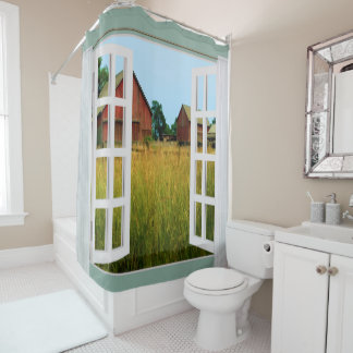 Window View of Barns in the Pasture Shower Curtain