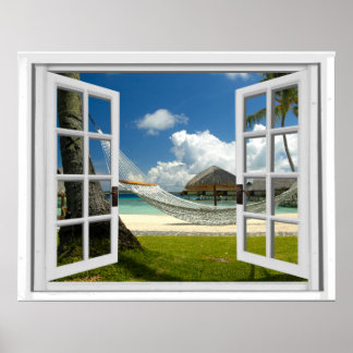 Window View Tropical Beach Scene Poster