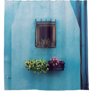 WINDOW WITH FRAME ABOVE GREEN AND PINK PETALED FLO SHOWER CURTAIN