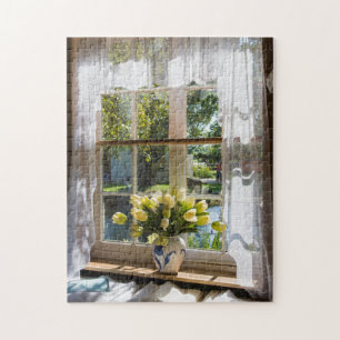 Window with lace curtain and tulips jigsaw puzzle