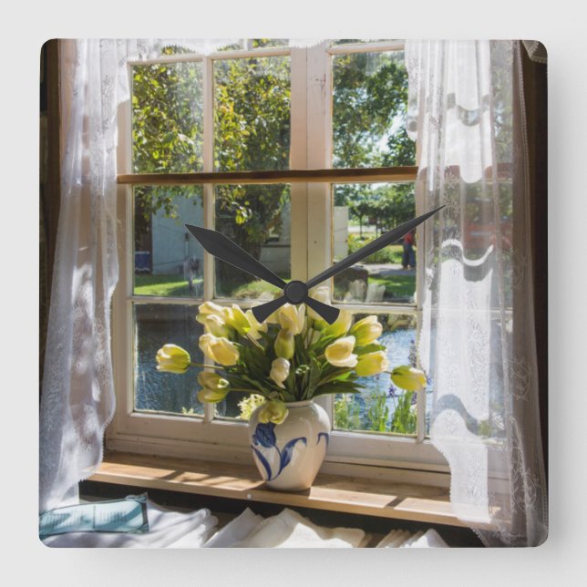 Window with lace curtain and tulips square wall clock (Front)
