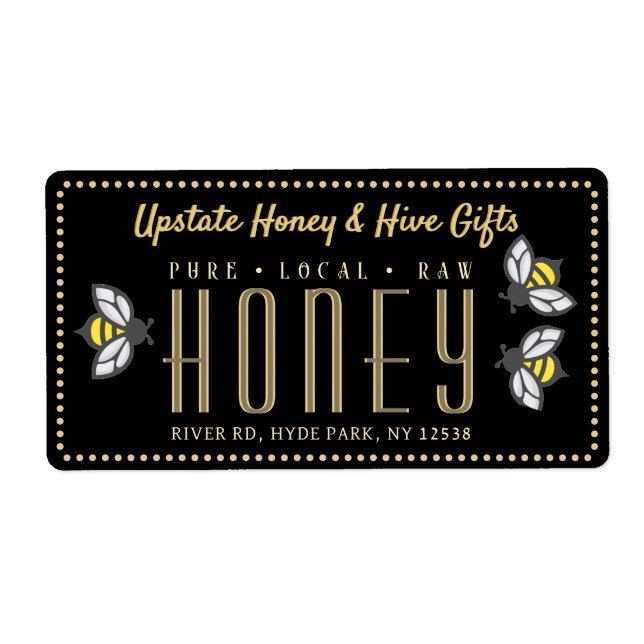 Windowpane Bees Dotted Gold Border Honey Label (Front)