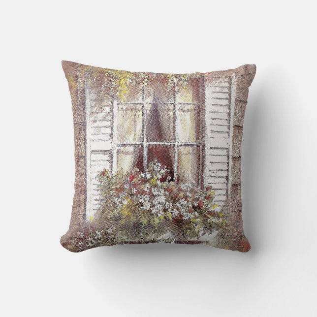 WIndows, Shutters, Flowers, Springtime Beautiful Cushion (Front)