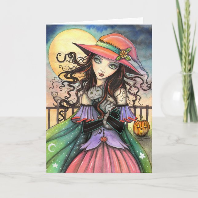 Winds of Halloween Witch and Tabby Cat Art Card (Front)