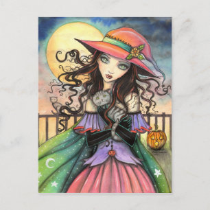 Winds of Halloween Witch Tabby Cat Art Postcard