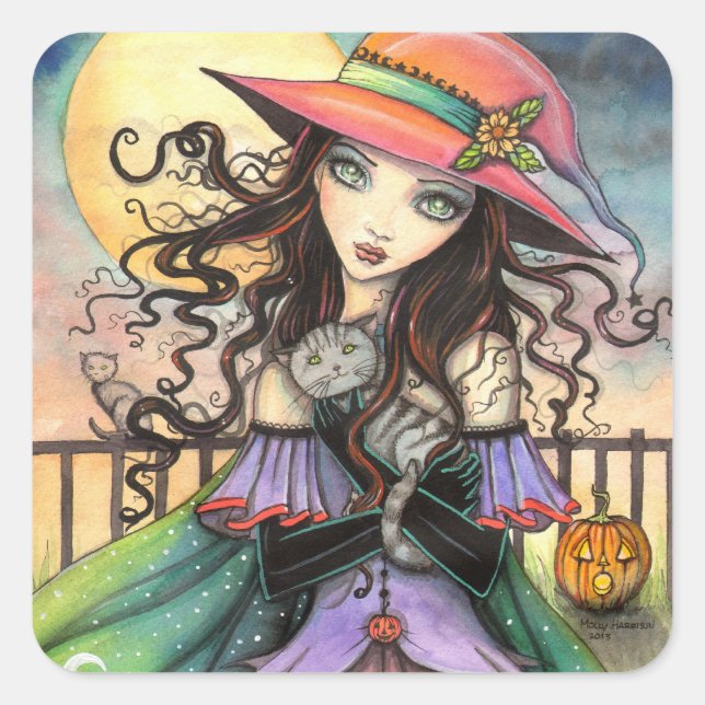 Winds of Halloween Witch Tabby Cat Fantasy Art Square Sticker (Front)