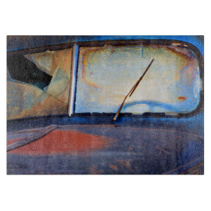Windshield of an old rusty truck cutting board