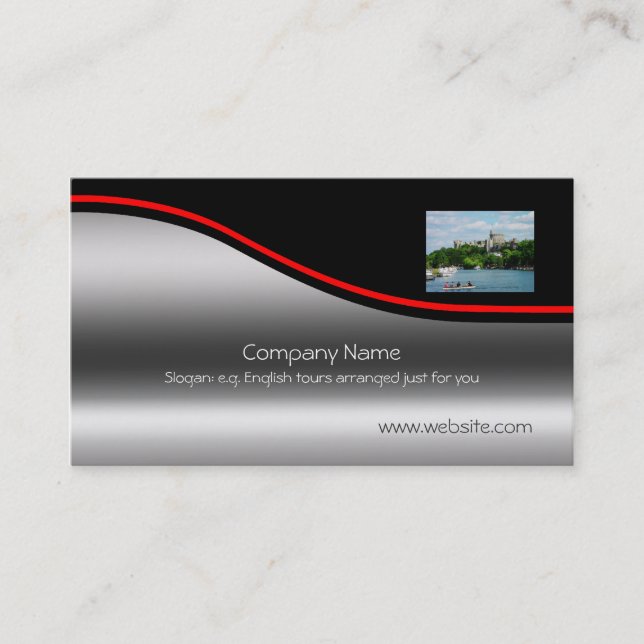 Windsor Castle River Thames, red swoosh metal-look Business Card (Front)