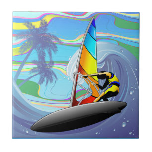 WindSurfer on Big Ocean Waves Ceramic Tile