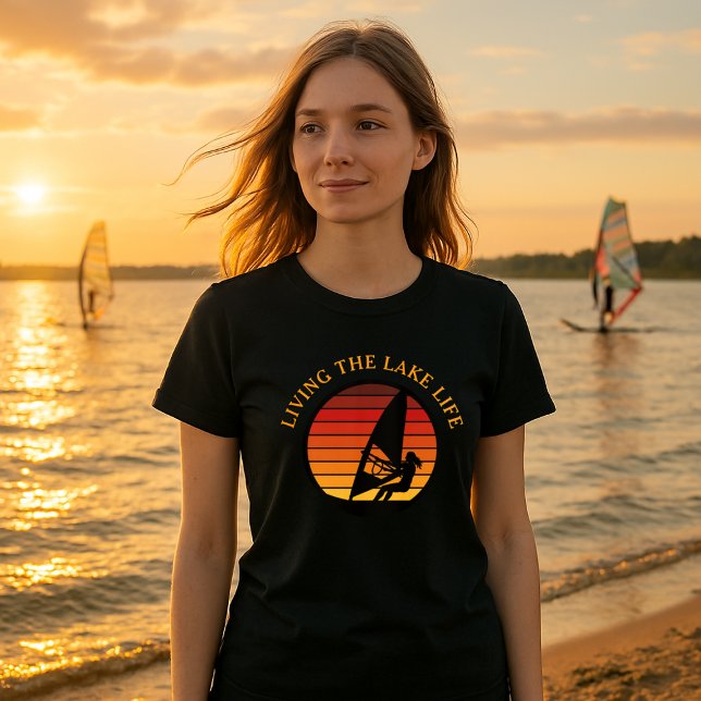 Windsurfing Girl Retro Sunset Lake Life Template T-Shirt (Creator Uploaded)