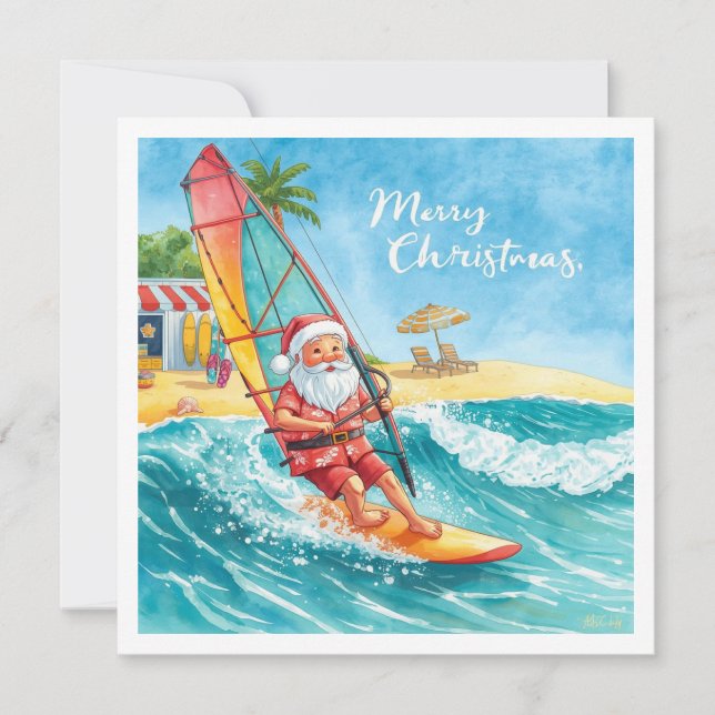 Windsurfing Santa Beach Christmas Card (Front)