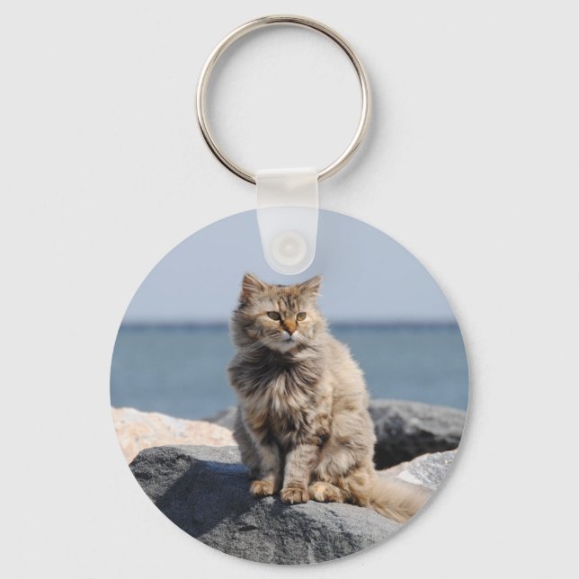 Windswept Cat by the Sea Cute Photo Key Ring (Front)