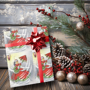 Windy Christmas Day Girls Red Dress and Umbrella Wrapping Paper