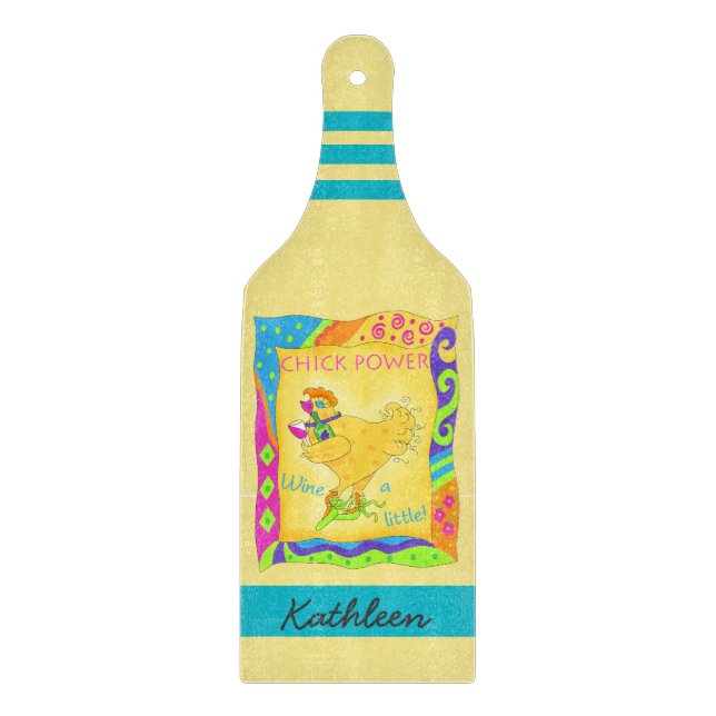 Wine a Little Chick Power Name Personalised Yellow Cutting Board (Front)