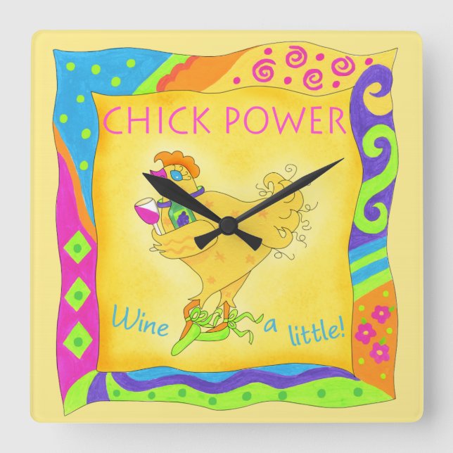 Wine a Lttle Chick Power Yellow Whimsy Square Wall Clock (Front)