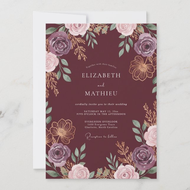 Wine Amethyst Petal Wedding Invitation (Front)