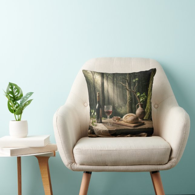 Wine and Bread Loaf On a Forest Table Cushion (Chair)