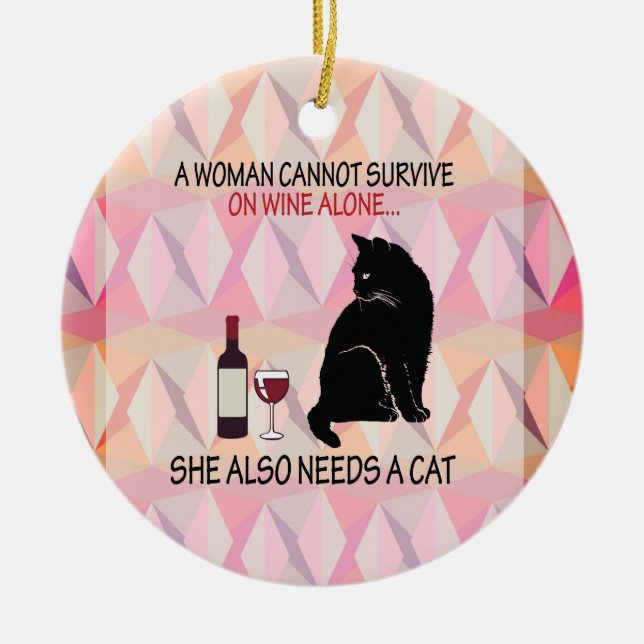 Wine and Cat Ceramic Ornament (Front)