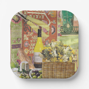 Wine and Cheese against a Persian Rug Paper Plates