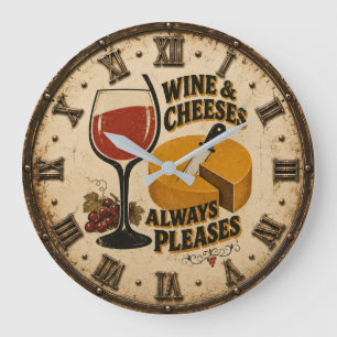 Wine and Cheese Always Pleases Rustic Kitchen Large Clock