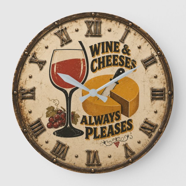 Wine and Cheese Always Pleases Rustic Kitchen  Large Clock (Front)