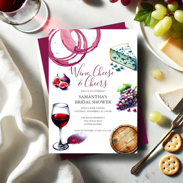 Wine and Cheese Bridal Shower Invitations (Bridal shower invitations wine & cheese tasting watercolor charcuterie design Victoria Grigaliunas )