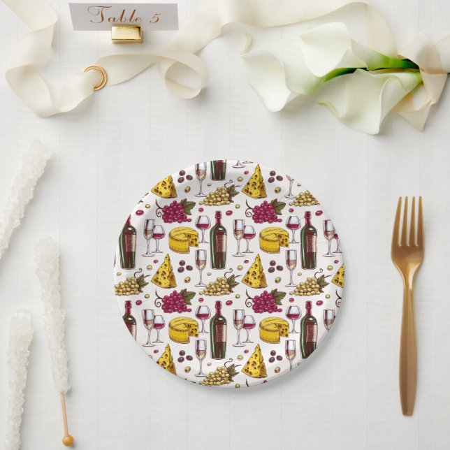 Wine and Cheese Tasting Party, Wine Bottles Grapes Paper Plate (Wedding)