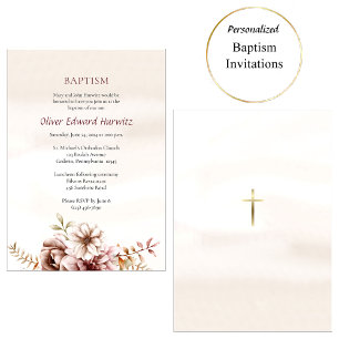 Wine and Cream Boho Flowers Orthodox Baptism       Invitation