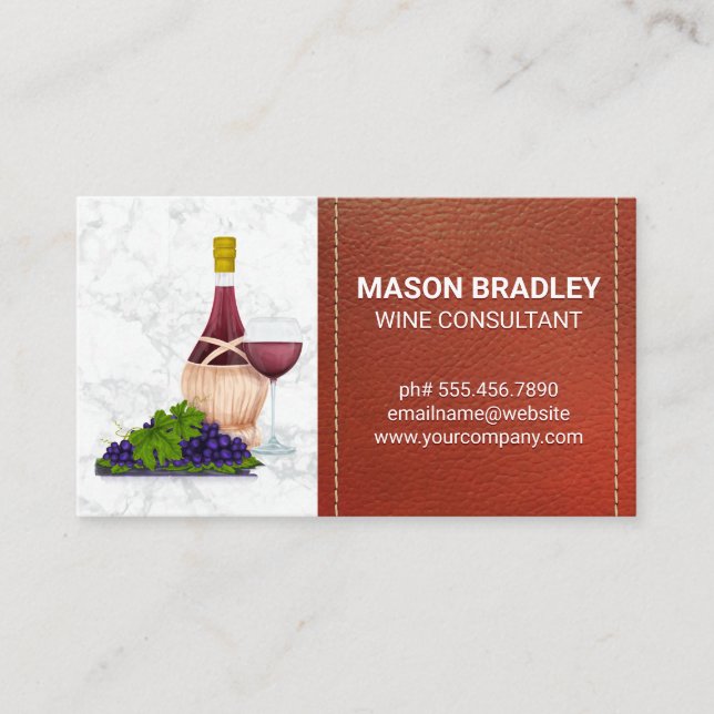 Wine and Grapes | Marble with Stitched Leather Business Card (Front)