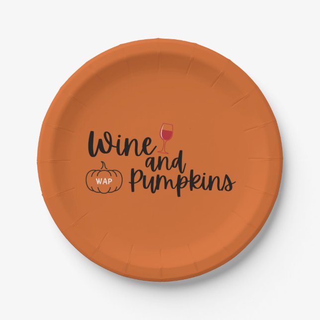 Wine and Pumpkins Orange & Black Halloween Party Paper Plate (Front)