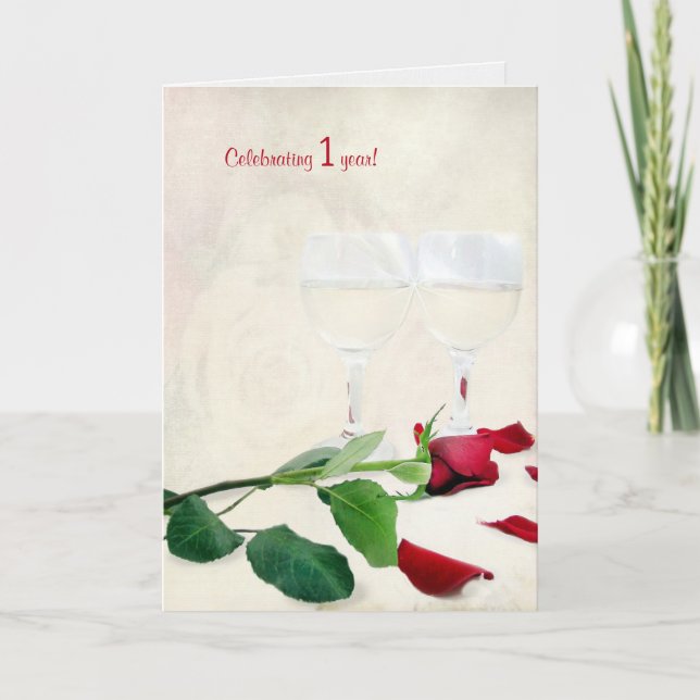 wine and red rose for 1st anniversary card (Front)