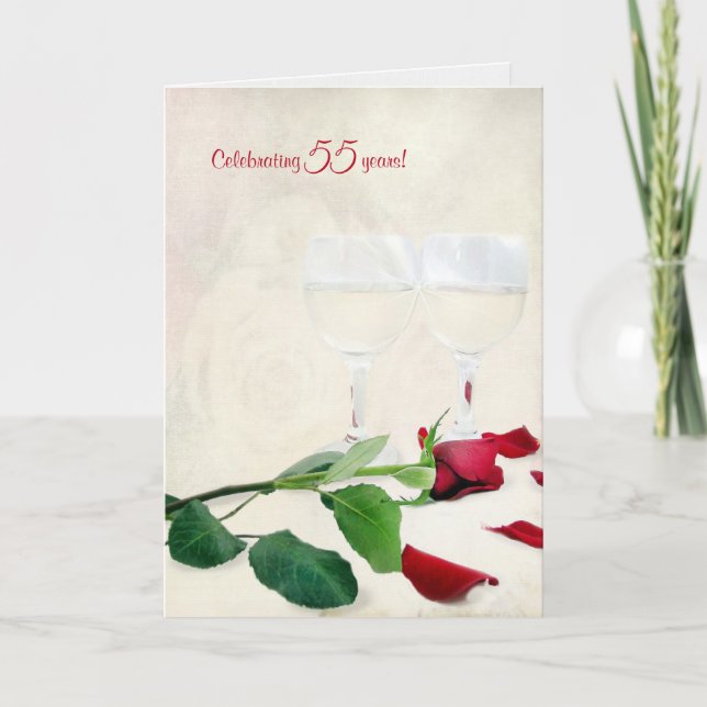 wine and red rose for 55th anniversary card (Front)