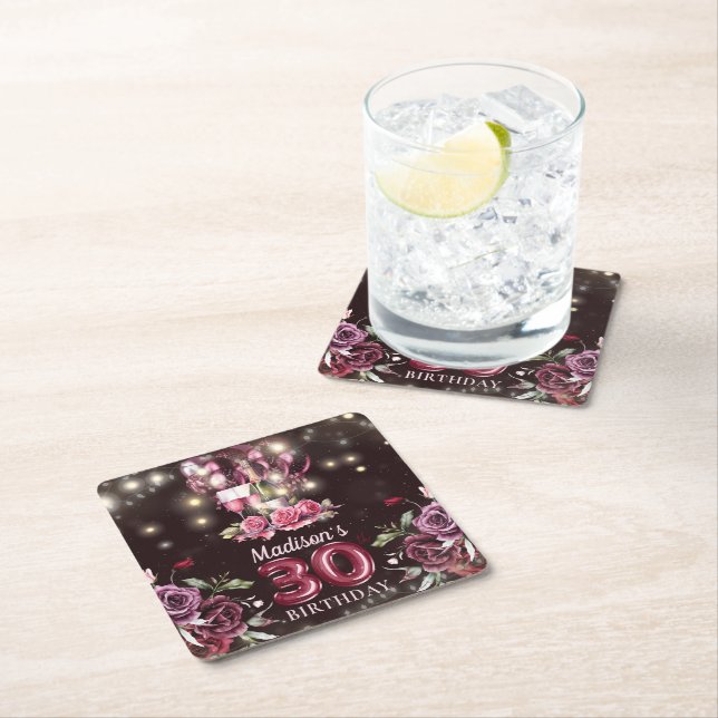 Wine & Balloons 30th Birthday Personalised Square Paper Coaster (Insitu)