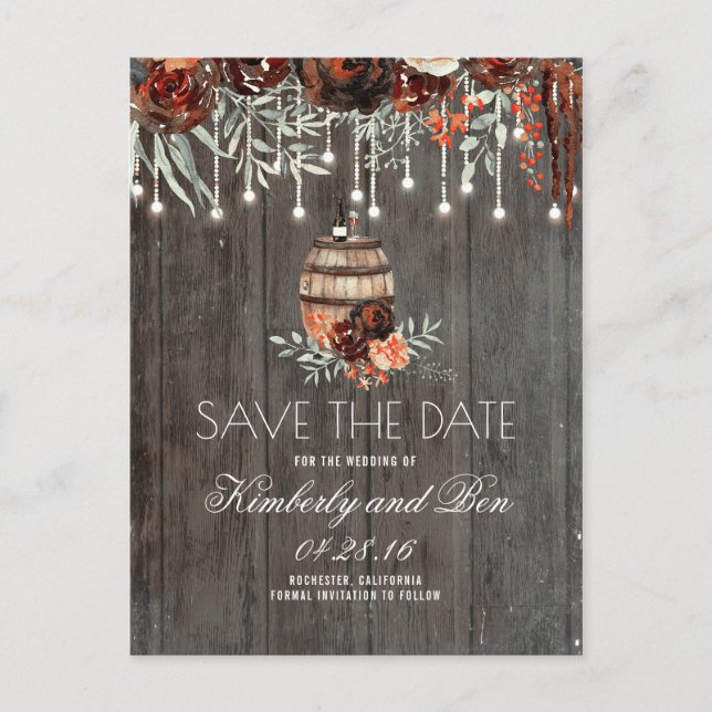 Wine Barrel and Burgundy Rustic Save the Date Announcement Postcard (Front)