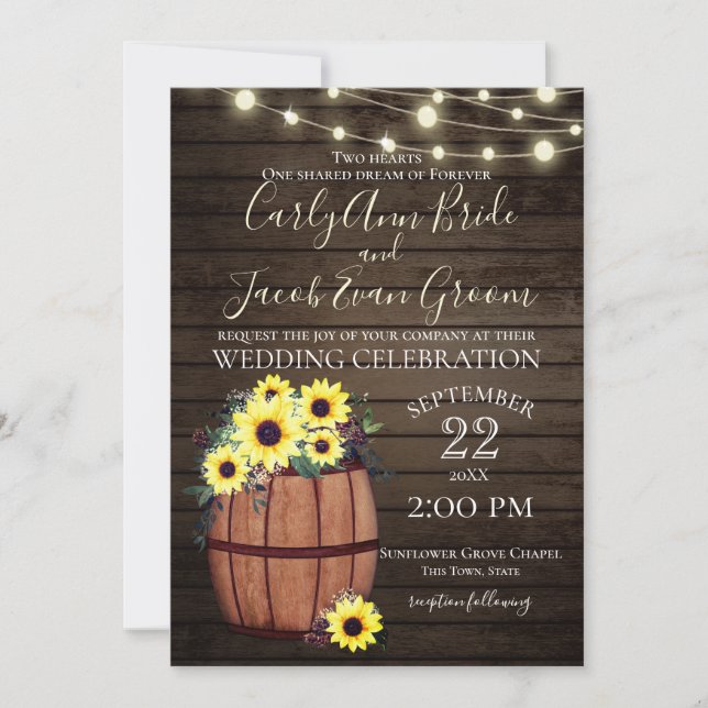Wine Barrel and Sunflowers Rustic Wood and Lights Invitation (Front)